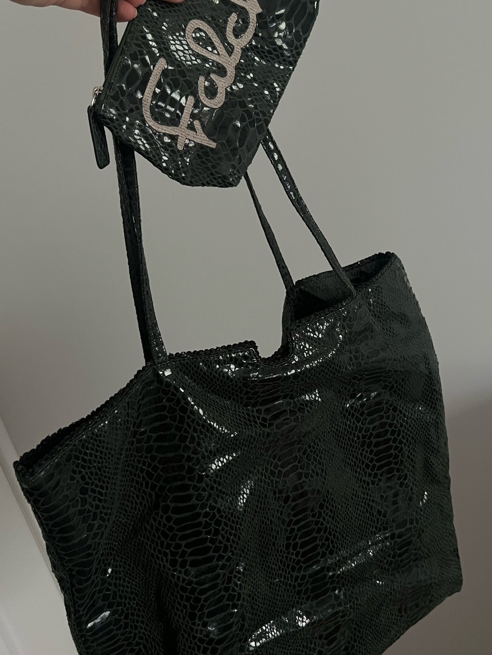 Carlos Falchi Black Glossy Faux-Snakeskin Tote with Matching Pouch